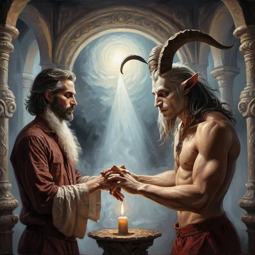 Prompt: (fantasy art scene) a man and a goat touching hands, flickering candlelight casting shadows, dark atmosphere, (mystical) swirling dark hues, ominous sign saying "the devil is coming," (oil painting) intricate details, high contrast lighting, stirring expression, deep textures, fantasy ambiance, (ultra-detailed), capturing the tension of the moment.