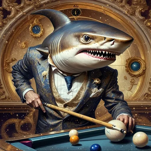 Prompt: (shark in a suit) playing pool, pool cue and ball in front, (F. Scott Hess style), (pop surrealism), enriched classical painting techniques, fine art masterpiece, luminous glass textures, intricate details, vibrant color palette, dynamic composition, warm and inviting ambiance, evoking whimsy and creativity, honoring Nuit, high artistic quality, 4K resolution.