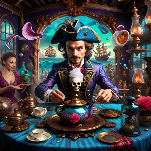 Prompt: (7 Wonders Art Glass Studio) Renaissance (oil painting) masterpiece, capturing the essence of honor and adventure, featuring a detailed portrayal of a pirate man and his lover dressed in Conquistador-era pirate costumes, gracefully posed in front of a majestic ship adorned with a skull, vibrant colors, dramatic lighting, highly detailed, fantastical elements, inspired by David Macaulay, showcasing the rich textures of oil paint, true artistry.