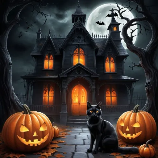 Prompt: (halloween scene), (gothic art), atmospheric, dark, eerie ambiance, illuminated pumpkins, haunted house with a spectral ghost, curious cat sitting in front, mysterious shadows cast, vibrant oranges and deep blacks, detailed textures, (Anne Stokes style), chilling and captivating, perfect for a horror poster, ultra-detailed, high quality, hauntingly beautiful composition.