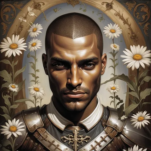 Prompt: Renaissance painting of a (knight laying on the ground), gripping a (sword in hand), surrounded by (daisies in the foreground), characterized by (misc-macabre style), (dark color scheme), inspired by (Anne Stokes), (fantasy art), (storybook illustration), moody ambiance, vibrant detailed textures, (ultra-detailed), dramatic shadows, rich depth, a hauntingly beautiful scene.