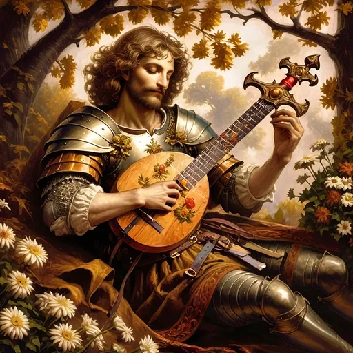 Prompt: Renaissance painting of a (knight laying on the ground), gripping a (sword in hand), surrounded by (daisies in the foreground), characterized by (misc-macabre style), (dark color scheme), inspired by (Anne Stokes), (fantasy art), (storybook illustration), moody ambiance, vibrant detailed textures, (ultra-detailed), dramatic shadows, rich depth, a hauntingly beautiful scene.