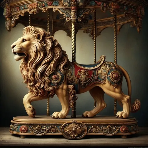 Prompt: (lion statue on a carousel), vibrant blue background, (gold frame) around its neck, (red and blue ribbon) elegantly tied, (Catrin Welz-Stein-style), infused with pop surrealism, surreal photography elements, rich textures, dramatic Flemish Baroque influences, whimsical ambiance, ultra-detailed, atmospheric lighting, a blend of classical and modern artistry, creating a visually striking masterpiece.