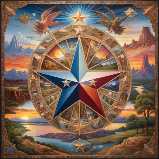 Prompt: (detailed oil painting) a radiant star at the center, surrounded by intricate representations of Texas landscapes and iconic state symbols, harmoniously integrated into a map design, (Evelyn De Morgan inspired) vivid colors, rich textures, highly detailed, showcasing regionalism, capturing the essence of Texas, artful composition, historical richness, and cultural significance, ultra-detailed, vibrant hues, breathtaking atmospheres.