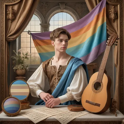 Prompt: (Renaissance-style portrait), honoring a (non-binary musician), capturing artistry and creativity, muted color scheme, rich details, soft lighting, intricate background with classical motifs, thoughtful expression, detailed attire with elegant patterns, emotive atmosphere, subtle textures, high-quality, (ultra-detailed).