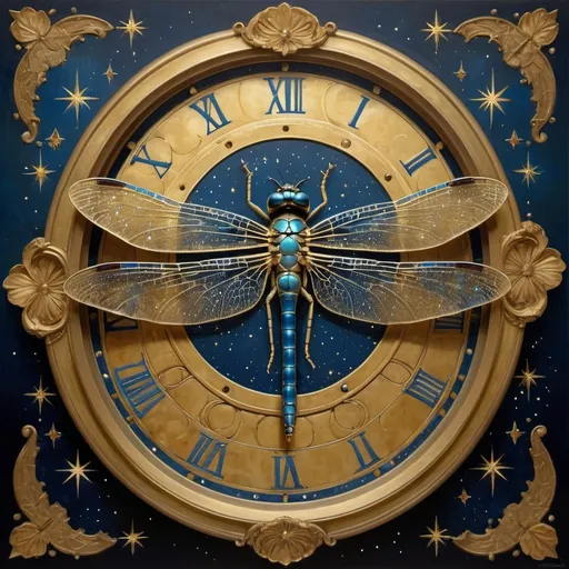 Prompt: (art nouveau style), dragonfly perched gracefully atop a golden clock, intricate detailing, (Brad Kunkle influence), surrounded by shimmering stars, a radiant star at the center, rich golds and deep blues enhancing the celestial theme, blending Egyptian art elements, dreamlike and whimsical atmosphere, highly detailed, (masterpiece) quality, evoking a sense of wonder and magic.