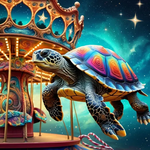 Prompt: (turtle on a carousel), (mystical stars and swirls on its back), (intricate spirally spiral design), vibrant colors, (psychedelic art), highly detailed, digital painting, airbrush style, dreamlike ambiance, whimsical atmosphere, elaborate textures, fantasy elements, enchanting background, magical scenery, 4K quality, intensely vivid designs.