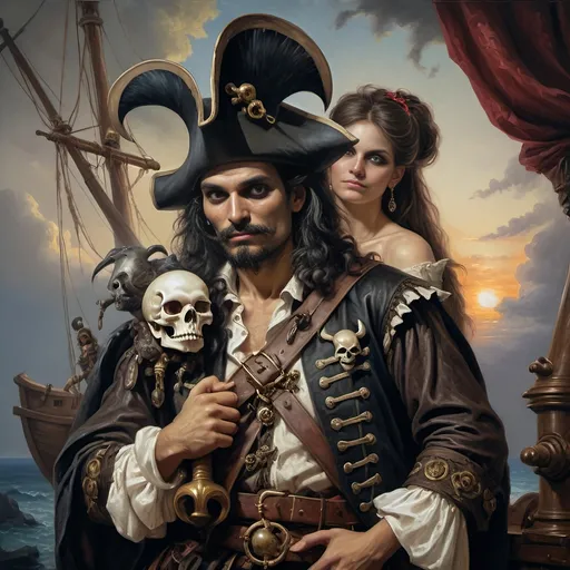 Prompt: (Renaissance oil painting "Honoring Nuit"), A highly detailed image of a pirate man and his lover dressed in ornate pirate costumes of the Conquistador period, dramatically posed together in front of a majestic ship adorned with a skull, lush vibrant colors, rich textures, mystical atmosphere, cinematic depth, featuring intricate backgrounds, a beautiful sunset sky, 4K, fantasy art influence, captures the essence of adventure and romance within this oil painted masterpiece.