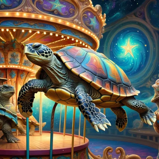 Prompt: (turtle on carousel), (stars and swirls on its back), (spirally design), psychedelic art, vibrant colors, intricate details, fantastical atmosphere, dreamy ambiance, Donato Giancola style, highly detailed digital painting, airbrush painting techniques, visual wonder, swirling patterns, enchanting background, whimsical dreamscape, (4K resolution), ultra-detailed craftsmanship.