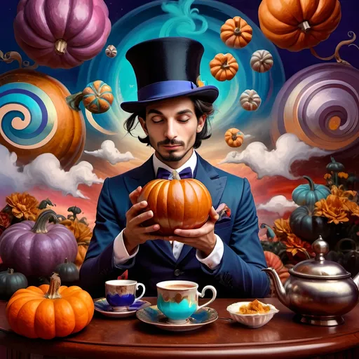 Prompt: art deco style portrait of a (man in a top hat) holding a (pumpkin), (still life) honoring Nuit, (magician), (intense magic) for all hallows eve, (vibrant color scheme), (sky background with clouds), digital painting by (Alejandro Burdisio), (gothic art), (highly detailed), character portrait, (dynamic and whimsical ambiance), (ultra-detailed), (4K).