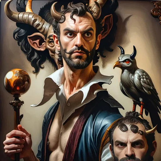 Prompt: (A fine art oil painting) by Seven Wonders Art Glass Studio, (magician man) with a (horned head), (bird on his shoulder), holding a cane and a glowing ball, inspired by Clint Cearley, (fantasy art), rich colors, intricate details, dramatic lighting, mystical atmosphere, character portrait emphasizing the essence of Pan and Nuit, ultra-detailed, vibrant background reflecting magical elements, imaginative and enchanting setting.