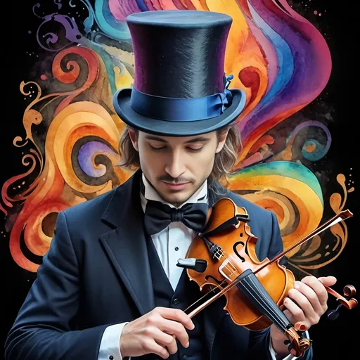 Prompt: watercolor style, (vibrant color scheme), Renaissance art still life, portrait of a magician in a (top hat), violin by side, visual sound waves, (colorful flowing waves) in and out of ears, dynamic hues capturing sound rhythms, surreal blending of colors, (intricate details), (4K ultra-detailed), whimsical atmosphere combining music and magic, lively yet thoughtful ambiance radiating creativity.