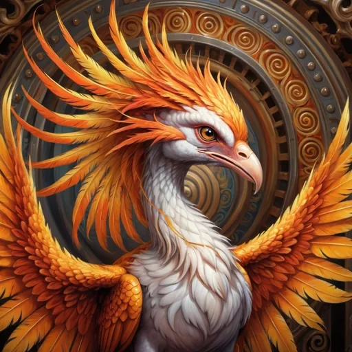 Prompt: a painting of a bird phoenix with orange and yellow feathers on it's head and wings, with a spiral design on its body, Anne Stokes, fantasy art, highly detailed digital art, an airbrush painting in front of a carousel