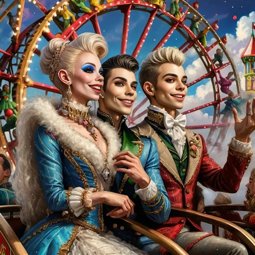 Prompt: (Honoring Nuit), vibrant oil painting of a lively group of drag queens riding a roller coaster, ecstatic expressions, in a whimsical carnival setting, colorful ferris wheel glowing in the background, (rainbow) painted on the coaster's side, bright blue sky filled with fluffy clouds, joyous atmosphere, high energy, ultra-detailed, cinematic masterpiece.