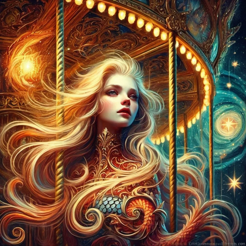 Prompt: a mwemaid with long hair standing in front of a carousel with a light on it's side and a star above her head, Anna Dittmann, fantasy art, fantasy artwork, a detailed painting