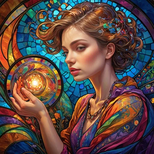 Prompt: (vibrant color scheme) (psychedelic style), still life portrait of a woman, intricate stained glass effects, highly detailed textures, dazzling colors, emotional atmosphere, flowing patterns, organic shapes, whimsical composition, ultra-detailed, celebrating creativity and expression, contrasting hues and visual richness, evoking a mesmerizing dream-like quality, with light reflections creating a dynamic ambiance, high-quality artwork simulation.