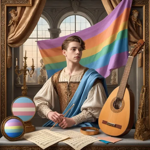 Prompt: (Renaissance-style portrait), honoring a (non-binary musician), capturing artistry and creativity, muted color scheme, rich details, soft lighting, intricate background with classical motifs, thoughtful expression, detailed attire with elegant patterns, emotive atmosphere, subtle textures, high-quality, (ultra-detailed).