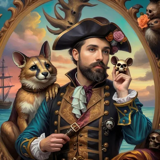 Prompt: (Renaissance oil painting "Honoring Nuit"), A highly detailed image of a pirate man and his lover dressed in ornate pirate costumes of the Conquistador period, dramatically posed together in front of a majestic ship adorned with a skull, lush vibrant colors, rich textures, mystical atmosphere, cinematic depth, featuring intricate backgrounds, a beautiful sunset sky, 4K, fantasy art influence, captures the essence of adventure and romance within this oil painted masterpiece.