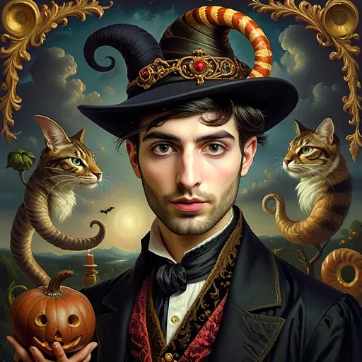 Prompt: (honoring Nuit), captivating handsome man magician with an elegant beard, wearing a pointed witch hat, (renaissance baroque painting style), facial features highlighted in detail, dark mystical background that enhances the allure, rich deep colors creating dramatic contrast, elements of Halloween celebration subtly interwoven, inviting an atmosphere of enchantment and mystery, ultra-detailed, a captivating masterpiece.