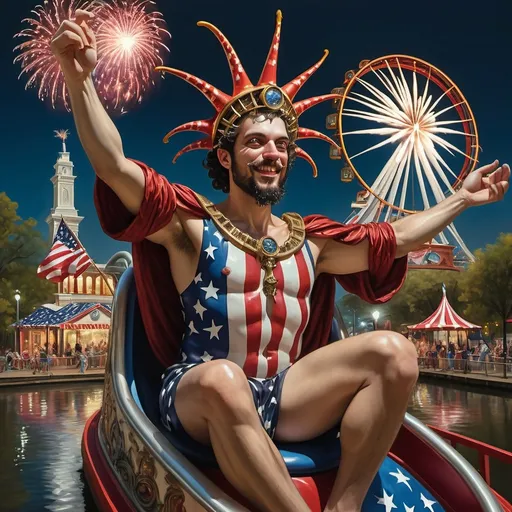 Prompt: (7 Wonders Art Glass Studio), a person in (patriotic dress), riding a vibrant rollercoaster at Liberty Park, fireworks bursting in the dark sky, U.S. flag-themed floats in the background, the illuminated Capital Wheel on the Wharf, celebrates the essence of freedom, (cultural homage to goddess Nuit), energetic ambiance, verdant park surroundings, (4K) resolution, ultra-detailed composition, festive and inspiring atmosphere.