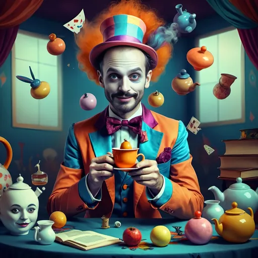 Prompt: (Still life portrait) of a magician jack-in-the-box man, (psychedelic style), vibrant color scheme, surrounded by whimsical teapots and floating magical items, colorful tea party atmosphere, (open book) in front, enchanting details unfolding, dreamy background, magical surrealism, explosive color contrasts, (ultra-detailed) composition, captivating light effects, cheerful yet enchanting mood, an exploration of imagination and wonder.