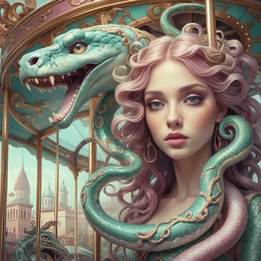 Prompt: (Medusa on a carousel), (snakes intertwining around her head), intricate city background, soft pastel color scheme, (Renaissance art style), (highly detailed digital painting), dreamy and whimsical ambiance, Anna Dittmann inspiration, enchanting storybook illustration, surreal and vibrant, elegant contrasts, light reflections, immersive atmosphere, vivid storytelling elements, rich textures, (4K quality).