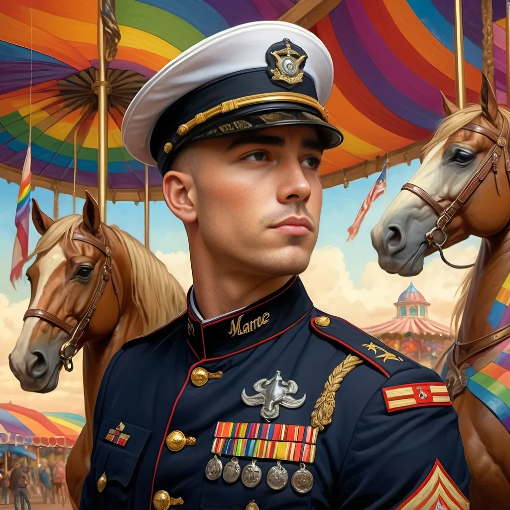 Prompt: Gay Marine man in uniform, (standing confidently), (vivid carousel of dreams), colorful horse with intricate details, (flowing rainbow flag in the background), (Aaron Jasinski style), photorealistic, highly detailed digital painting, soft lighting, warm hues, (emotional ambiance), enchanting surroundings, ultra-detailed, (captivating atmosphere), dynamic composition, landscape elements complementing the theme.