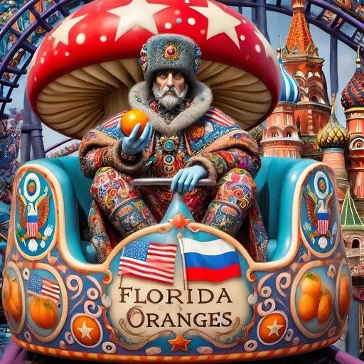 Prompt: (accurately spelled text "Yankee Doodler"), (psychedelic style), (vibrant color scheme), vibrant paint splashes, detailed painting, surreal theme, Russian individual holding a Florida orange symbolizing Republican endorsement, bold patterns, roller coaster car, American flag waving dramatically, Washington D.C. skyline in the background, whimsical elements, bright and vivid colors, intricate details, high-quality image, ultra-detailed.