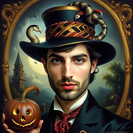 Prompt: (honoring Nuit), captivating handsome man magician with an elegant beard, wearing a pointed witch hat, (renaissance baroque painting style), facial features highlighted in detail, dark mystical background that enhances the allure, rich deep colors creating dramatic contrast, elements of Halloween celebration subtly interwoven, inviting an atmosphere of enchantment and mystery, ultra-detailed, a captivating masterpiece.