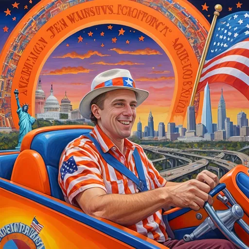 Prompt: (accurately spelled text "Yankee Doodler"), (psychedelic style), (vibrant color scheme), detailed painting, a Russian holding a Florida Orange symbolizing Republican endorsement of Russian authority and control over the U.S., in a thrilling roller coaster car, American flag dramatically waving, intricate Washington D.C. skyline in the background, surreal elements, dynamic perspective, bursting colors, high depth cinematic masterpiece.