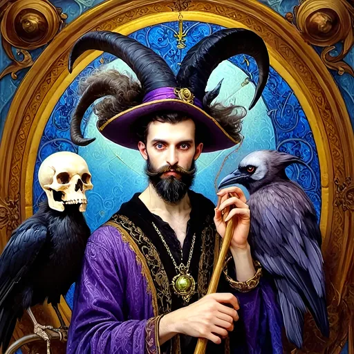 Prompt: Art Nouveau (style), pastel color scheme, a (man magician satyr) with (horns), holding a (skull) in one hand, a (crow perched on his shoulder), elegant pose, stylized cane topped with a (skull orb), intricate stained glass patterns and porcelain influences in the background, dreamy ambiance, (fluid lines), detailed, smooth textures, high quality, ultra-detailed watercolor techniques.