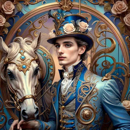 Prompt: (Art Nouveau carousel), (woman with horse), (roses on carousel), dreamy pastel color scheme, lavish swirls and intricate details, bold gold and azure tones, ethereal atmosphere, magical ambiance, enchanting background with a softly lit sky, serene and elegant mood, (highly detailed artwork), reminiscent of the 7 Wonders Art Studio style, whimsical elements capturing the essence of Nuit's honor.