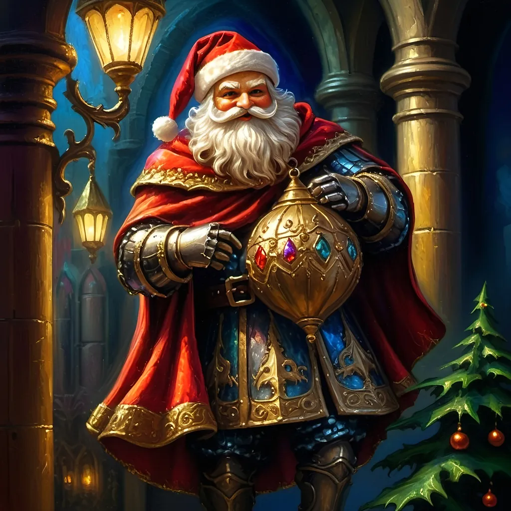 Prompt: An oil on canvas a knight dressed as a santa clause (in honor of Nuit) in a dark city with a light shining on him and a red cape, Ernest William Christmas, antipodeans, epic fantasy character art, concept art