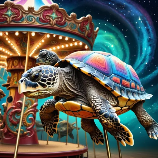 Prompt: (turtle on a carousel), (mystical stars and swirls on its back), (intricate spirally spiral design), vibrant colors, (psychedelic art), highly detailed, digital painting, airbrush style, dreamlike ambiance, whimsical atmosphere, elaborate textures, fantasy elements, enchanting background, magical scenery, 4K quality, intensely vivid designs.