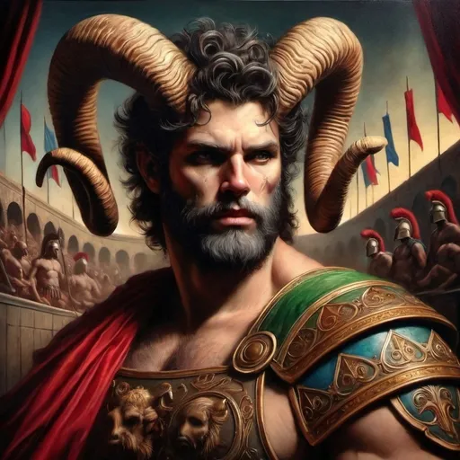 Prompt: a painting of a man with horns and a beard wearing a costume with a red cape and a red cape, Clint Cearley, fantasy art, epic fantasy character art, a fine art painting.  Spectators watching in the colosseum seats.