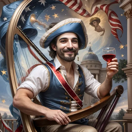 Prompt: (honoring Nuit) oil painting, (Ditlev Blunck style), neoclassical aesthetics, classical painting, flemish Baroque influence, a man with a beard holding a harp, a cup of wine, a golden cup beside him, capturing a mortal honoring the God Pan, rich colors, warm lighting, stunning detail, ethereal ambiance, 4K, ultra-detailed masterpiece, surrounded by a serene, heavenly setting.