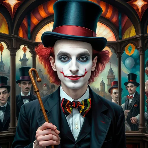 Prompt: (A psychedelic oil painting) of a magician, (a man with a top hat and cane), vivid color palette, enchanting scene, intricate stained glass window behind him, whimsical patterns, surreal atmosphere, mystic aura, high contrast lighting, art reflecting the imaginative essence of seven wonders, (ultra-detailed), captivating and dreamlike ambiance.