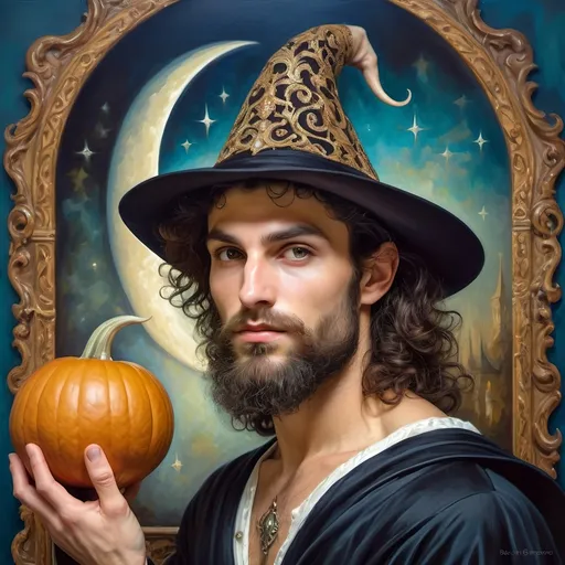 Prompt: (honoring Nuit), moon and stars) captivating handsome man magician, pointed witch hat, facial features highlighted, elegant beard, (renaissance baroque painting style), dark mystical background, rich deep colors with dramatic contrast, elements of Halloween celebration in still life arrangement, enigmatic ambiance, intricate shadows and light, (highly detailed), evoking intrigue and enchantment.