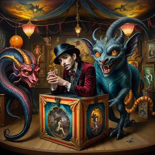 Prompt: (7 Wonders Art Glass Studio), (oil painting), demons as jack-in-the-boxes, circus setting, (highly detailed), (ultra-fine details), esoteric ambiance, dark and mysterious atmosphere, surreal colors, intricate textures, curiosity sparks, vivid contrasting shadows, ethereal lighting, artistically whimsical exhibits, hauntingly beautiful, capturing the essence of Nuit.