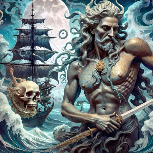 Prompt: (psychedelic oil painting), a mysterious female figure, dark color scheme with rich, deep hues, illustrating a surreal scene, holding a skull and a sword, positioned before an enigmatic ship, illuminated by a haunting full moon, honoring (the goddess) Nuit, intricate details, dynamic swirls, high definition, captivating and dreamlike ambiance.