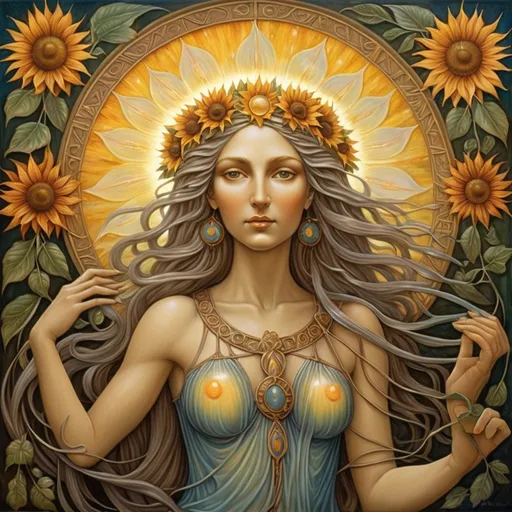 Prompt: a 7 Wonders Art Glass Studio Renaissance Period Art oil painting of a woman goddess (honoring the Goddess Nuit) with long hair and a sun (her companion) in the background, surrounded by flowers and leaves, Amanda Sage, fantasy art, autumn, a fine art painting