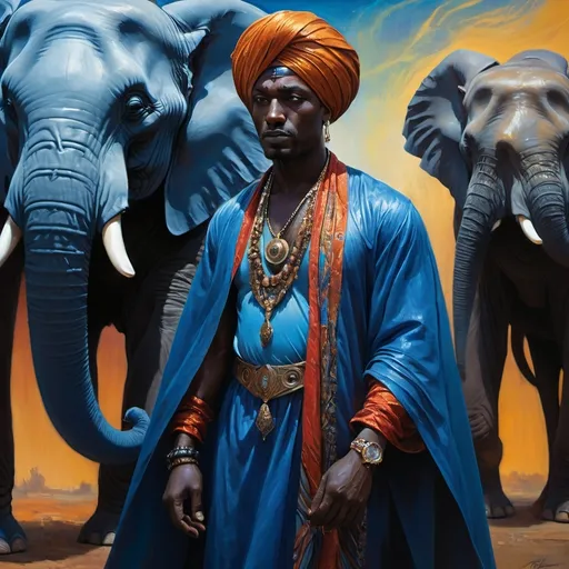 Prompt: (emphasizing a fine art painting), (dark fantasy art), a man in a turban, wearing a flowing blue cape, majestic elephant in the background, intricate details, vibrant colors, rich textures, heavy brush strokes, David Giancola style, (surreal atmosphere), infused with afrofuturism elements, highly sophisticated composition, cinematic lighting, evocative imagery, ultra-detailed, masterpiece quality.