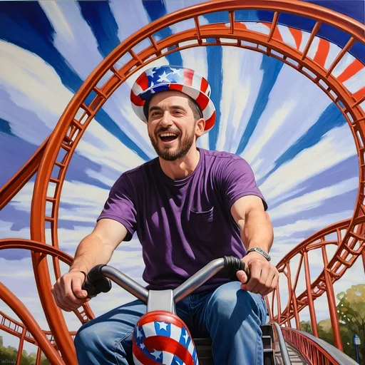 Prompt: A Seven Wonders Art Glass Studio masterpiece painting of a man in a patriotic hat riding Freedom rollercoaster in D. C.’s new amusement park named Freedom Park.  Honoring Nuit.