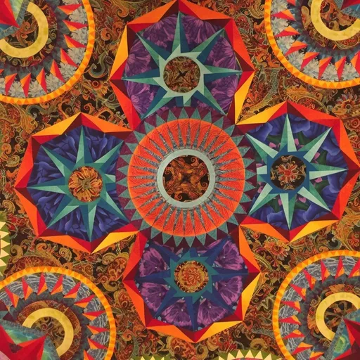 Prompt: a colorful circular design with many different colors and shapes on it's surface, with a circular center, Elizabeth Murray, qajar art, fractals, a jigsaw puzzle