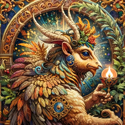 Prompt: (vibrant art nouveau still life), colorful magical painting, (intricate satyr man) with prominent horns, adorned with a festive wreath, holding a glowing candle, (ornate Christmas tree) in the background, rich intricate stained glass details, (refined porcelain influences), warm luminous lighting, lush textures, whimsical ambiance, and ultra-detailed craftsmanship that evokes the enchanting spirit of the holiday season.