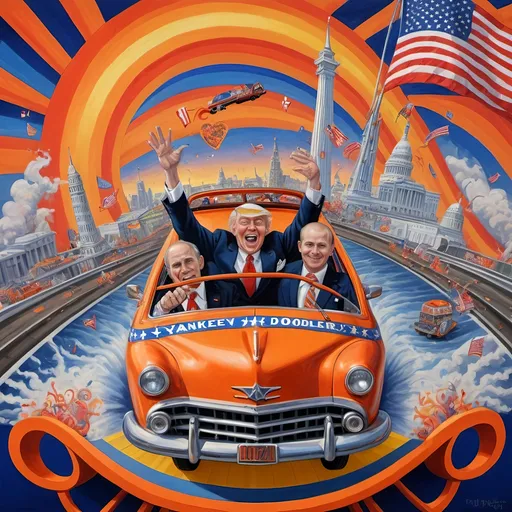 Prompt: (accurately spelled text "Yankee Doodler"), (psychedelic style), (vibrant color scheme), detailed painting, a Russian holding a Florida Orange symbolizing Republican endorsement of Russian authority and control over the U.S., in a thrilling roller coaster car, American flag dramatically waving, intricate Washington D.C. skyline in the background, surreal elements, dynamic perspective, bursting colors, high depth cinematic masterpiece.