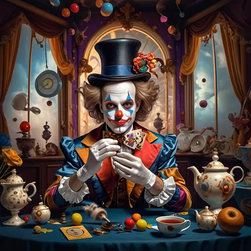 Prompt: (Still life portrait) of a magician jack-in-the-box man, (psychedelic style), vibrant color scheme, surrounded by whimsical teapots and floating magical items, colorful tea party atmosphere, (open book) in front, enchanting details unfolding, dreamy background, magical surrealism, explosive color contrasts, (ultra-detailed) composition, captivating light effects, cheerful yet enchanting mood, an exploration of imagination and wonder.