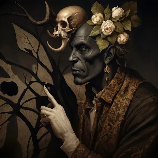 Prompt: (Renaissance still life) (man magician satyr), (dark color scheme), (elegant pose), intricately detailed horns, holding a cane topped with a (skull orb), a menacing (skull orc) at his side, a (crow) gracefully perched on his shoulder, rich textures, captivating shadows, high contrast highlights, evoking a sense of mystical allure, enhanced with (ultra-detailed) features, atmospheric depth and somber elegance.