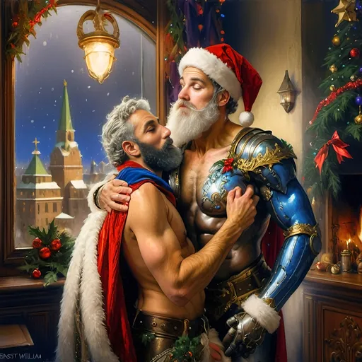 Prompt: An oil on canvas a knight dressed as a santa clause (in honor of Nuit) in a dark city with a light shining on him and a red cape, Ernest William Christmas, antipodeans, epic fantasy character art, concept art