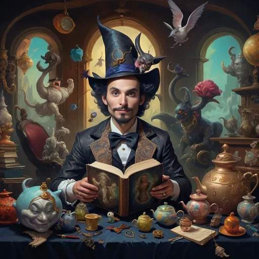 Prompt: (vibrant psychedelic still life), portrait of a magician jack-in-the-box man, surrounded by whimsical teapots and enchanting magical items, coming to life, playful ambiance, lively colors, an open book in front of him, surrealistic elements, dreamlike atmosphere, richly detailed background, (spectacular color gradients), ultra-detailed, eye-catching composition, high-quality artwork.